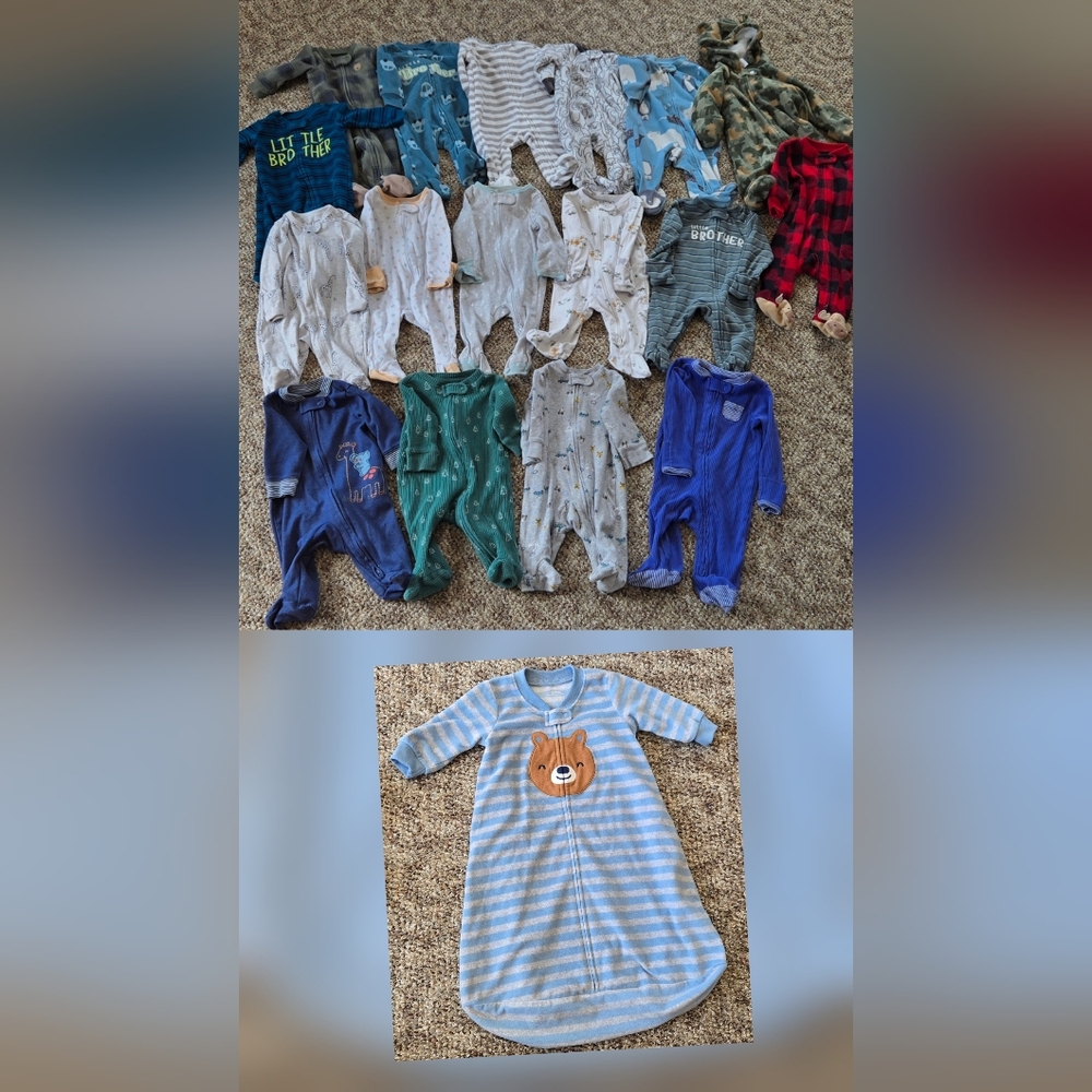 16 count Boys 0-3 and 3 month fleece & cotton sleepers,1 bunting & 1 Sleepsack